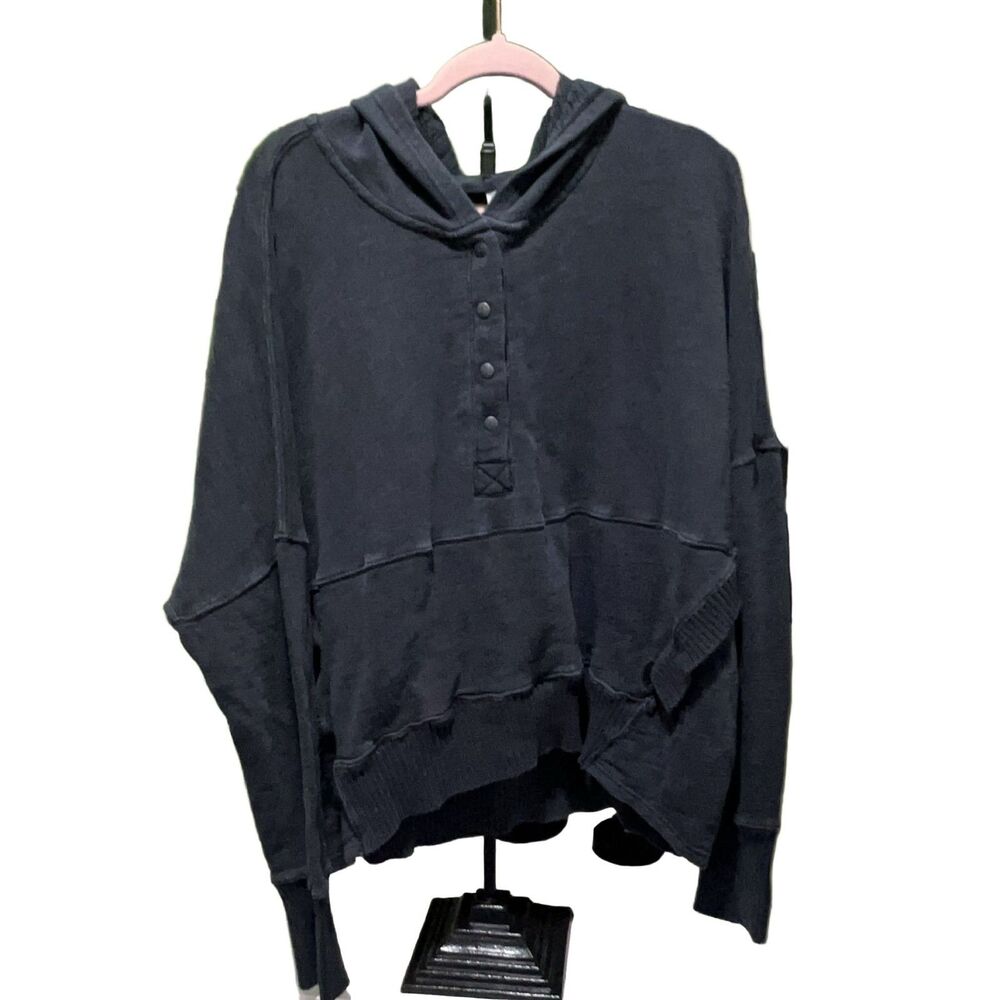 Free People FP Movement Women's M Oversized Henley Hoodie Charcoal Grey Cotton